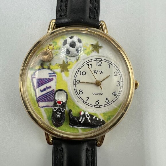 WW Whimsical Soccer Watch Men Gold Tone Black Leather Band 40MM Case New Battery - Picture 2 of 12